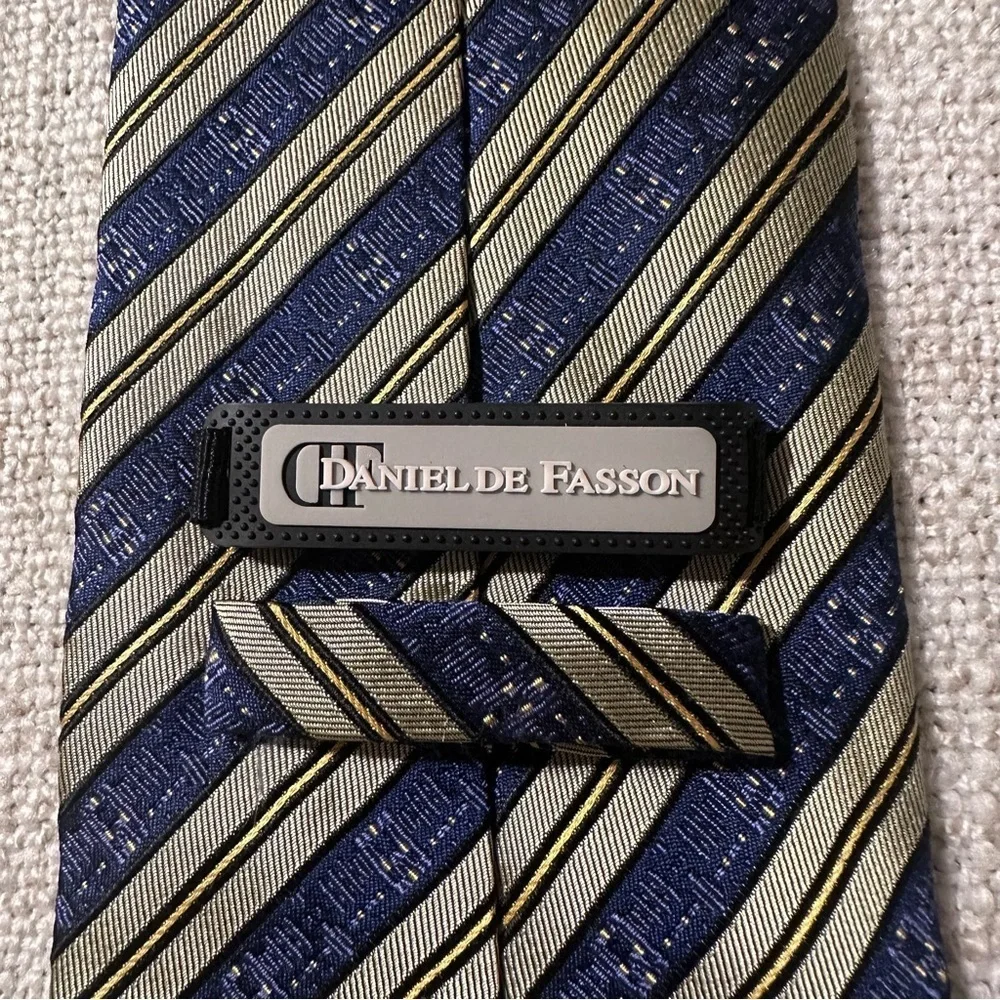 DANIEL DE FASSON 100% Silk Tie Diagonal Stripe Print Blue Sage Green